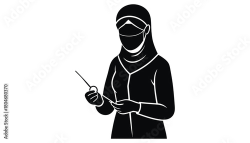 Illustration of a woman in hijab and mask holding surgical instrument