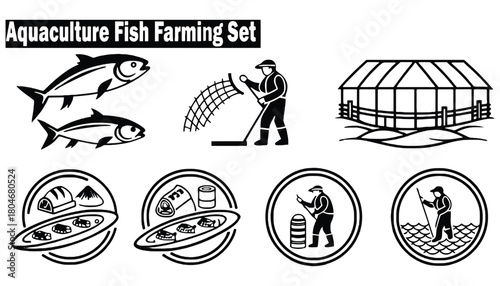 Aquaculture fish farming set with various elements in black and white