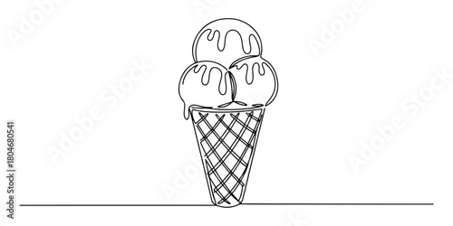 Continuous one line of  an ice cream cone, symbolizing indulgence and freshness, hand drawn vector illustration.