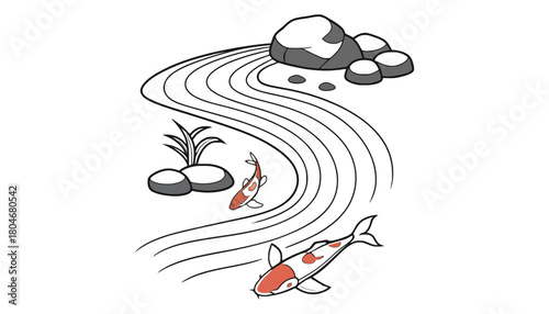 Koi fish pond drawing zen garden illustration stock image art