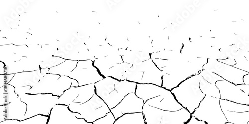 Black and white cracked dry earth texture, drought soil surface pattern, parched land broken ground detail, environmental disaster concept, climate change abstract cracked illustration for design use.