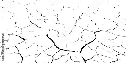 Black and white cracked dry earth texture, drought soil surface pattern, parched land broken ground detail, environmental disaster concept, climate change abstract cracked illustration for design use.