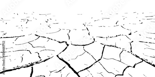 Black and white cracked dry earth texture, drought soil surface pattern, parched land broken ground detail, environmental disaster concept, climate change abstract cracked illustration for design use.