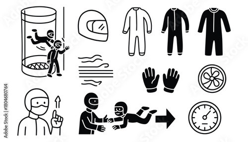 Illustration set depicting indoor skydiving and related equipment