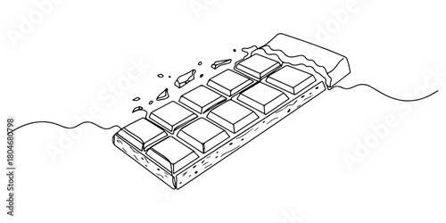 Continuous one line of a chocolate bar breaking into pieces, representing decadence and delight, hand drawn vector illustration.