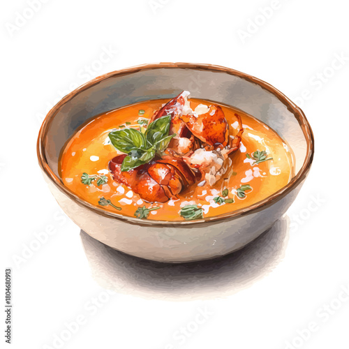 Watercolor vector illustration of Lobster Bisque, isolated on white background.