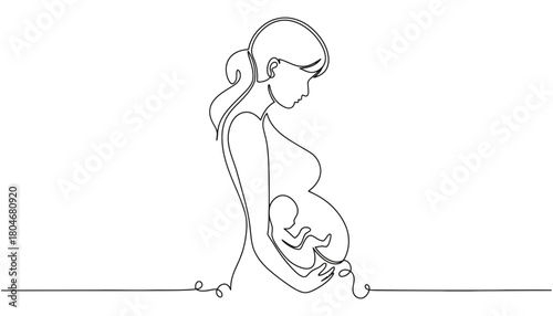 Continuous line drawing of pregnant woman with baby in her belly