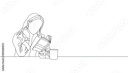 Continuous line art of woman reading book with coffee mug art