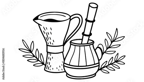 Outline drawing of coffee maker, yerba mate cup and plant decoration