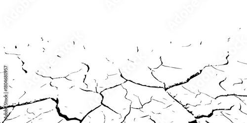 Black and white cracked dry earth texture, drought soil surface pattern, parched land broken ground detail, environmental disaster concept, climate change abstract cracked illustration for design use.
