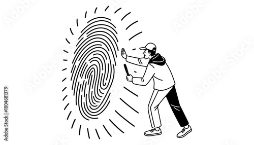 Person examining large fingerprint with magnifier in line art style