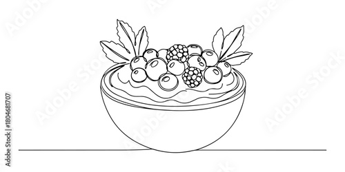 Continuous one line of a bowl of fruit tart with berries and leaves, symbolizing natural sweetness, hand drawn vector illustration.