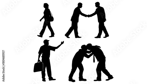 Silhouettes of people in various actions on a white background art