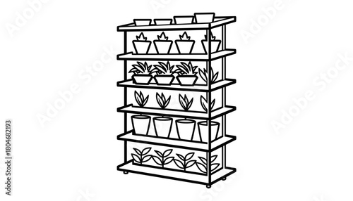 Line drawing of a tiered plant stand with potted plants on each shelf