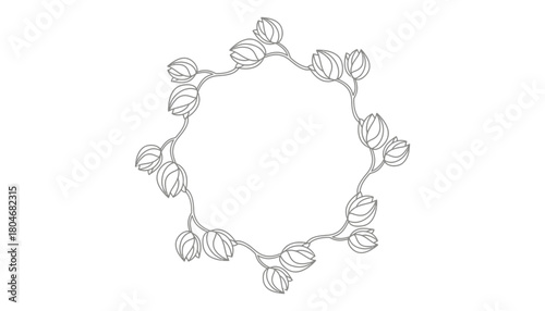 Outline drawing of a floral wreath with tulip buds on a white background
