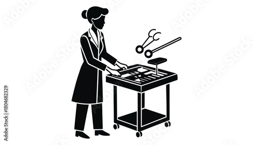 Illustration of a woman in lab coat with medical instruments on cart