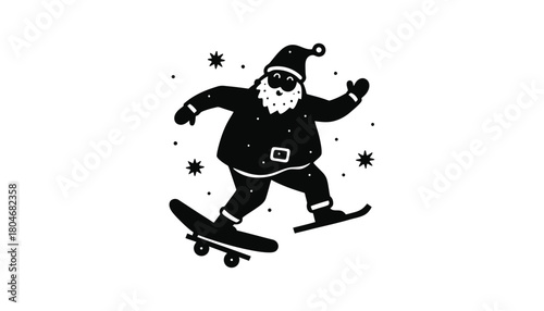 Santa claus skateboarding with stars in black and white illustration