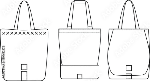 Tote bag set fashion flat sketch, handbag technical drawing collection, shopper bag design, accessories template, cad drawing flat vector illustration