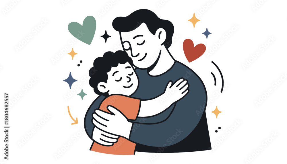 Fototapeta premium Illustration of a father hugging his son with hearts and stars around