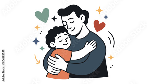 Illustration of a father hugging his son with hearts and stars around