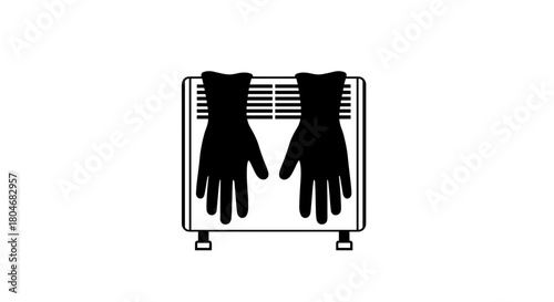 Drying gloves on a heater, cozy winter scene on a transparent background