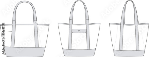 Tote bag cad drawing flat vector illustration, fashion handbag technical sketch front and back views with pocket stitching and bottom panel design