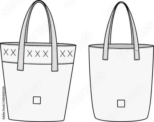 Tote bag fashion flat sketch, shopper handbag technical drawing, shoulder bag front and back view, accessories template, cad drawing flat vector illustration