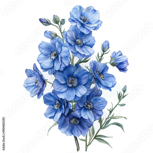 Delphinium Flower, watercolor painting vector, isolated on a white background.