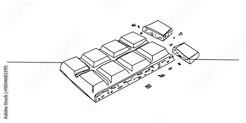 Continuous one line of a chocolate bar breaking into pieces, representing decadence and delight, hand drawn vector illustration.