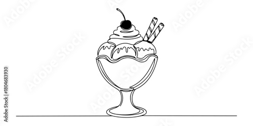 Continuous one line of a bowl of ice cream sundae with whipped cream and cherry,  symbolizing celebration and sweetness, hand drawn vector illustration.