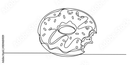 Continuous one line of a donut with icing and a bite taken out, representing snack and pleasure, hand drawn vector illustration.