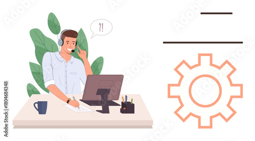 Customer service agent on a headset using a computer, surrounded by plants and office items. Ideal for communication, teamwork, problem-solving, support, technology, work environment service. Simple