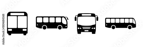 Collection of modern bus icons displaying diverse black silhouette vehicles from front and side perspectives, ideal for public transport and urban mobility design.