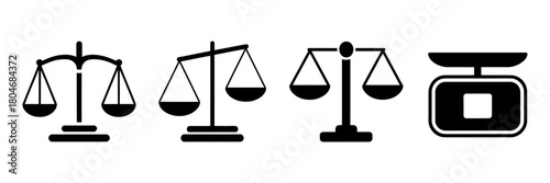 Varied collection of weighing scales icons including traditional balance and modern digital designs, symbolizing justice, equality, and precise measurement