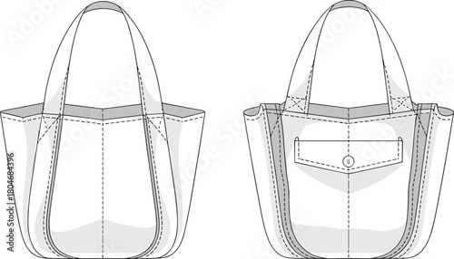 Tote bag cad drawing flat vector illustration, fashion handbag technical sketch front and back view with pocket and stitching details