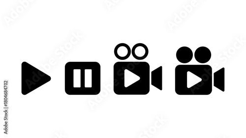 Play, pause, and video camera icons representing core digital media functions: playback, recording, and content creation for modern ui.