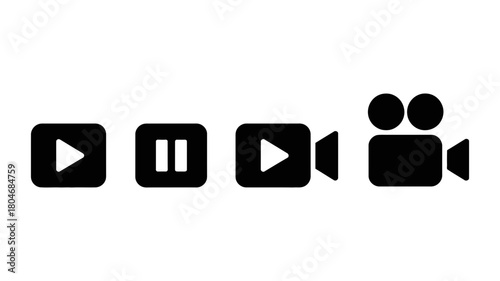Modern digital media player control buttons and video camera icons, featuring essential play, pause, and recording symbols for multimedia interfaces.