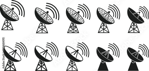 Satellite dish antenna vector icons, communication technology signal transmission, telecommunication network dish symbol, broadcast radar receiver illustration setSatellite dish antenna vector icons, 