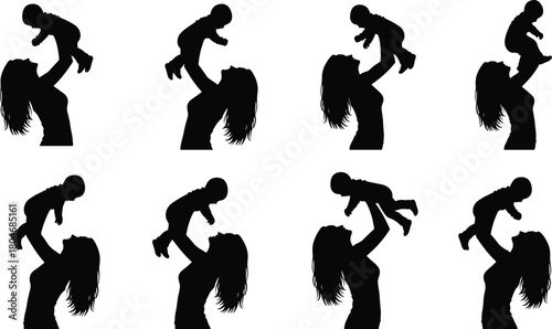 Mother and child silhouette illustration, mom lifting baby, family love, maternal care, motherhood vector design, parent child bonding art