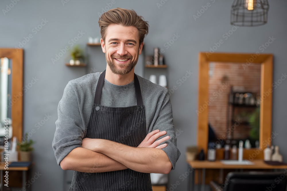Fototapeta premium Portrait of cheerful hairstylist in apron standing in front of salon mirror, professional lifestyle