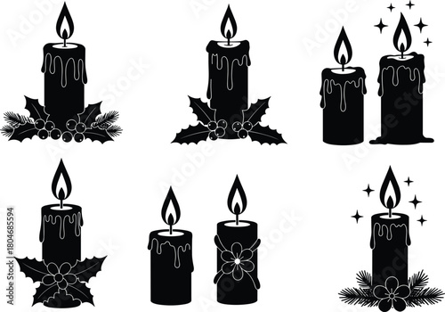 Christmas candle icons, holiday clipart, festive vector, black silhouette, wax candle, pine, holly, berries, sparkles, flame, decoration, seasonal design, winter symbols, cozy light, Christmas decor
