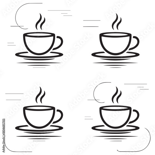 Simple Steaming Coffee Cups on Saucers Monochrome Vector Design