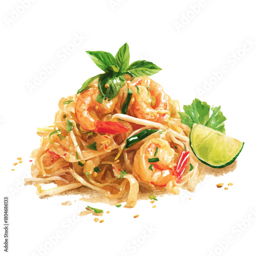 A watercolor painting of Pad Thai, vector illustration on white background.
