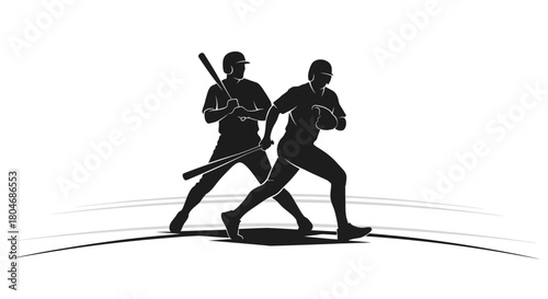 Dynamic silhouette of baseball players in action, capturing the intensity and teamwork of the sport in a modern, clean design for sports enthusiasts