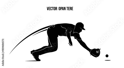 Dynamic black silhouette of baseball player diving to catch the ball with glove, a vector design ideal for sports branding and athletic visuals with a clean aesthetic