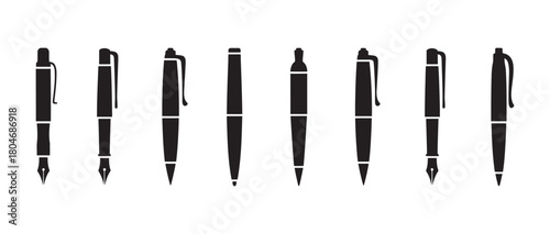 Minimalist black silhouette vector icons of diverse writing instruments, including fountain pens and modern ballpoints. Vector