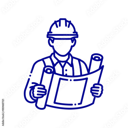 construction worker in hard hat holding blueprints line art for building company websites, engineering presentations, and project management blogs