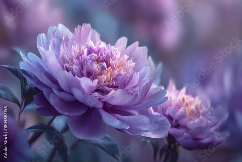 Two soft purple peony blossoms in full bloom against a blurred, dreamy backdrop