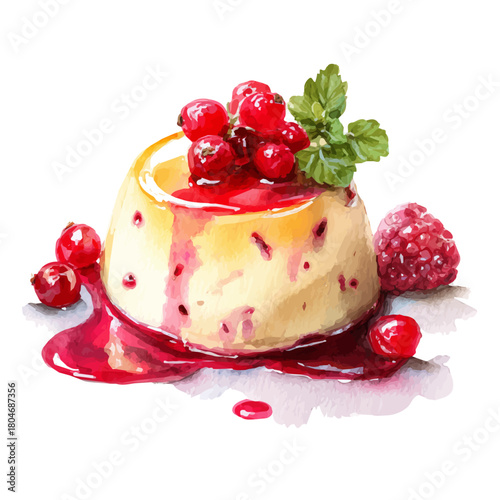 Panna Cotta in watercolor style, vector illustration, isolated on white background.
