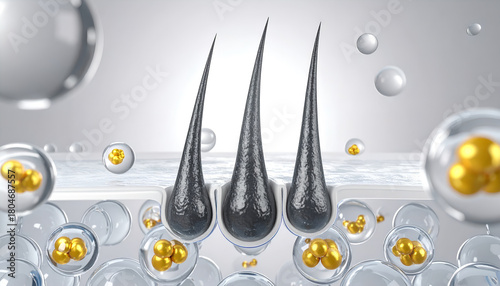 Fototapeta Naklejka Na Ścianę i Meble -  Hair follicle structure with serum bubbles illustration, hair treatment concept